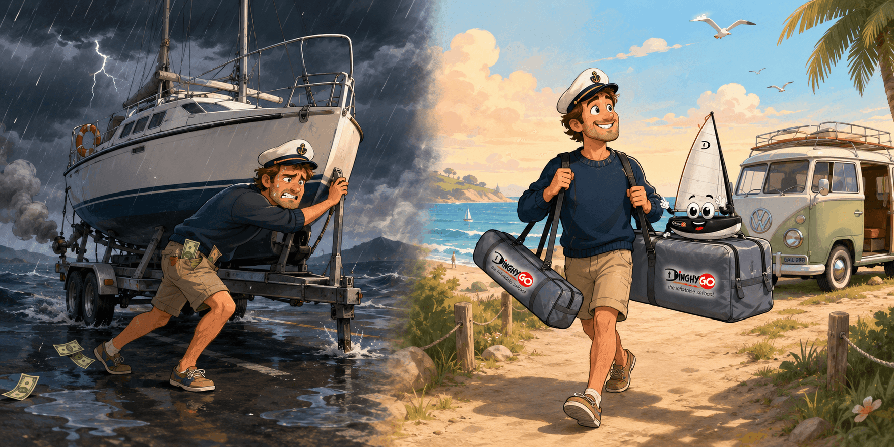 On the left, a stressed sailor pushes a heavy yacht trailer in a thunderstorm with money falling from his pocket; on the right, the same sailor walks happily on a sunny beach path carrying two compact DinghyGo bags with the Orca mascot peeking out, a VW camper parked behind.