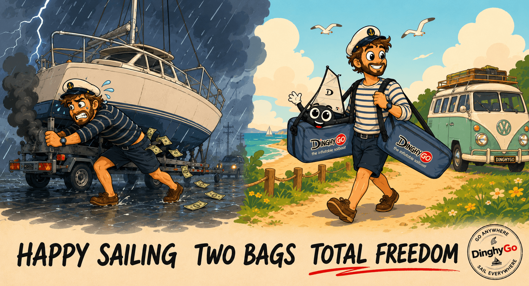 On the left, a stressed sailor pushes a heavy yacht trailer in a thunderstorm; on the right, the same sailor walks happily on a sunny beach path carrying two compact DinghyGo bags with the mascot peeking out, a VW camper parked behind. Bottom text reads: HAPPY SAILING TWO BAGS TOTAL FREEDOM.
