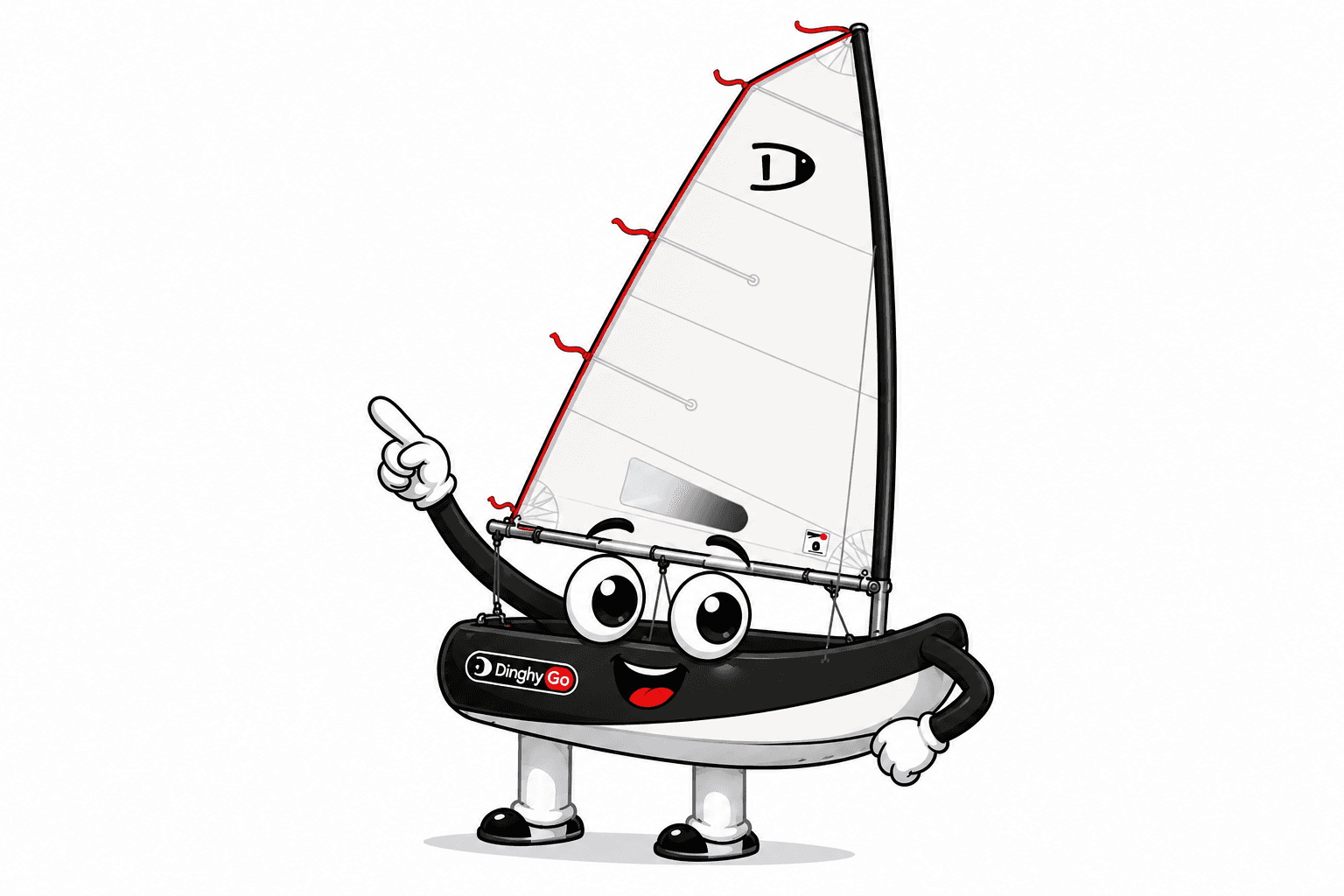 The DinghyGo Orca mascot — a friendly anthropomorphized inflatable sailboat with a cream sail, big expressive eyes, and one arm raised in a confident pointing pose
