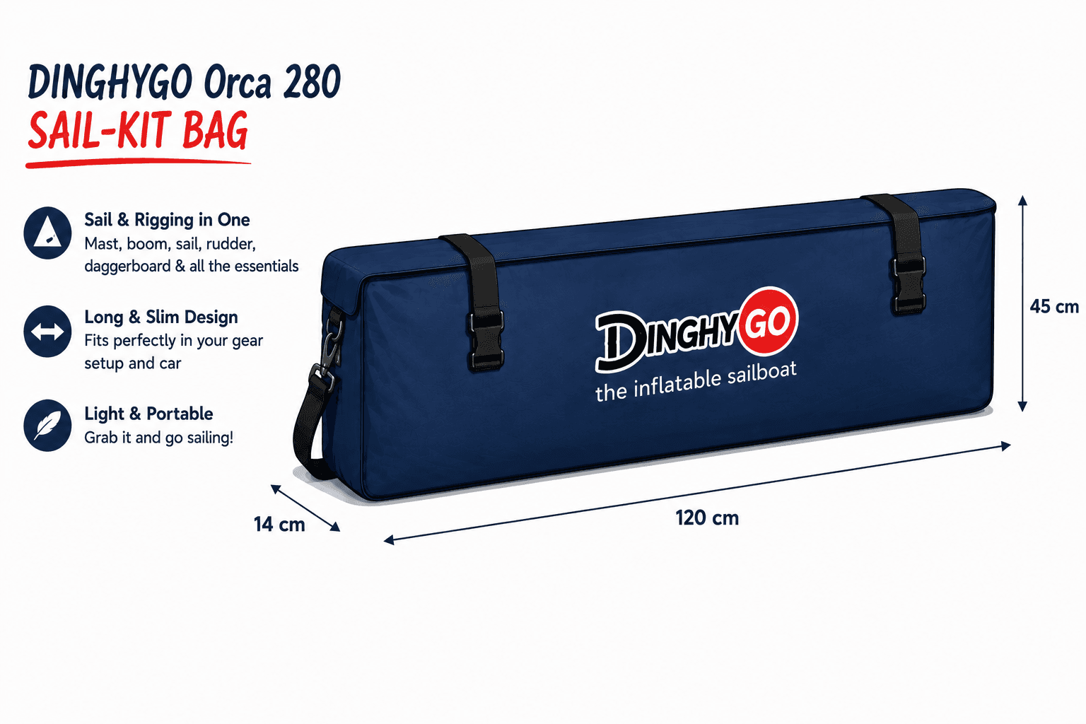Orca 280 sail-kit bag — packed dimensions and feature highlights